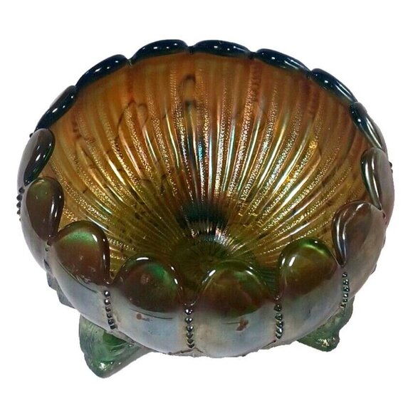 Vintage Northwood Aqua Opal Carnival Glass Leaf & Beads Footed Rose Bowl - Picture 13 of 16